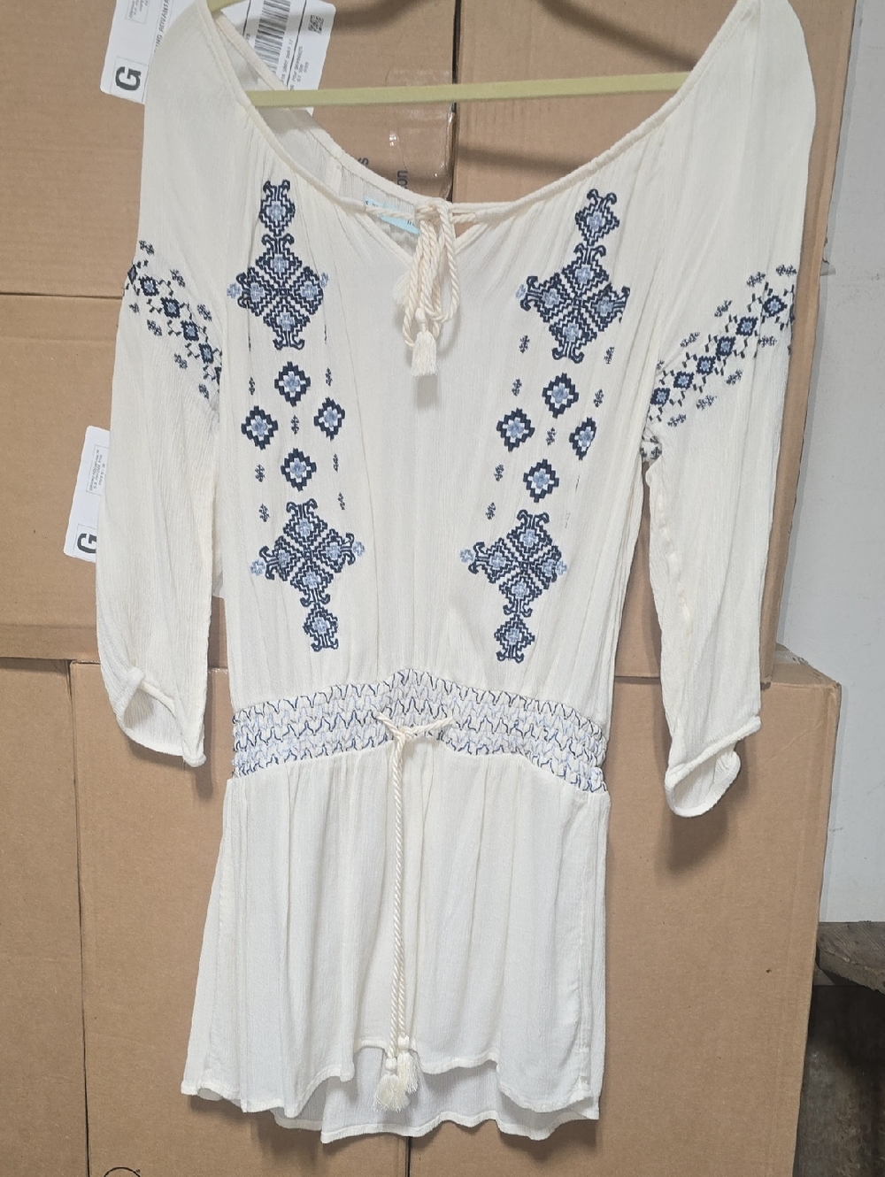 Maurices Cream Textured Boho Top with Tassel Tie Off The Shoulder Sleeves